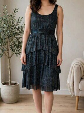 Maggy London Blue Ruffled Tiered Sundress 10 JEX